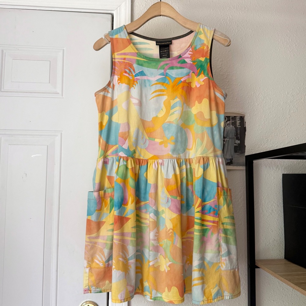 NOOWORKS tropical multicolor pastel rainbow watercolor crew neck mini dress